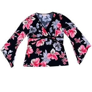 Vintage Y2K 2000s Floral Cross Front V-Neck Bell Flare Sleeve Top Shirt